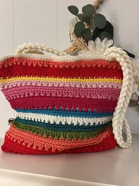 croft & barrow Multicolor Striped Crochet Shoulder Bag with Cream Rope Strap